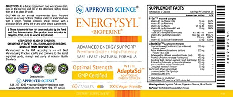 Energysyl – Sem Cafeína – com Adaptógenos, Vitaminas B e Bioperina – Fornecimento de 1 Mês – 60 Cápsulas – Fabricado nos EUA - Approved Science
