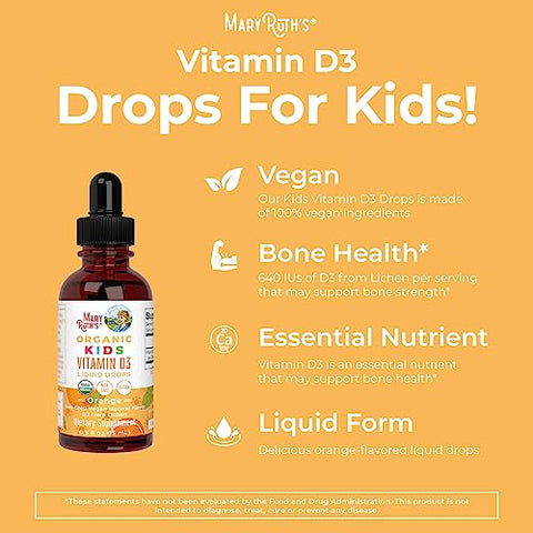MaryRuth Organics - Vitamina D3 Líquida Orgânica USDA para Crianças por MaryRuth’s | 640 UI de Vitamina D3 por Porção | Suporte Imunológico Infantil