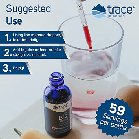 Vitamina B12 Líquida Iônica 1000 mcg | Suplemento Alimentar com Concentrace Minerais Iônicos de Espectro Completo | 59 Porções de 2 fl oz, 59 ml | Potencialize sua Saúde - Trace Minerals