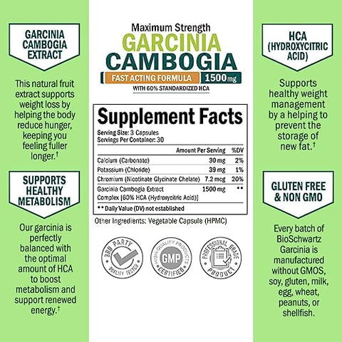 BioSchwartz - Garcinia Cambogia Pílulas para Perda de Peso – 1500mg Extrato Puro de HCA – Supressor de Apetite de Ação Rápida – Queimador de Gordura para Mulheres e Homens para Auxiliar na Perda de Peso – Bloqueador de Carboidratos Metabolismo