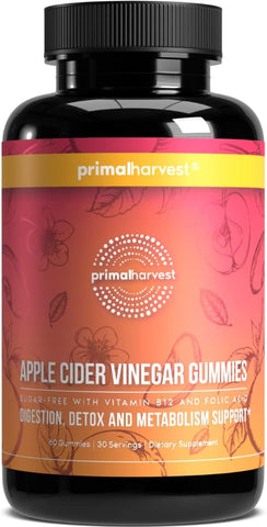 Gummies de Vinagre de Maçã, 60 Gomas Sem Açúcar de Vinagre de Maçã, Beterraba e Romã para Apoiar a Imunidade, Digestão e Desintoxicação 750 MG - Primal Harvest