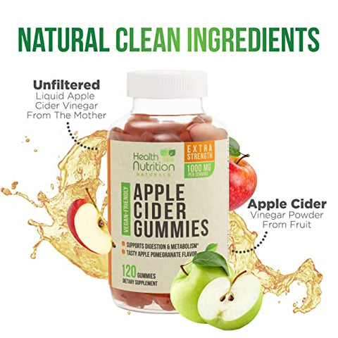 Health Nutrition Naturals - Gomas de Vinagre de Maçã Vegano | Máxima Potência 1000mg | Auxilia Digestão, Metabolismo | Sabor Natural de Maçã com Mãe | Sem Glúten