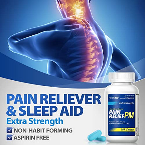 Alívio Extra Forte da Dor PM | Acetaminofeno 500mg | Difenidramina 25mg | Analgésico | Comprimidos | 30 unidades - HealthA2Z