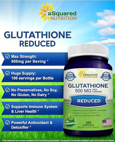 Glutationa Reduzida 500mg por Porção – 200 Cápsulas – Antioxidante L-Glutathione para Apoiar a Saúde do Fígado - aSquared Nutrition