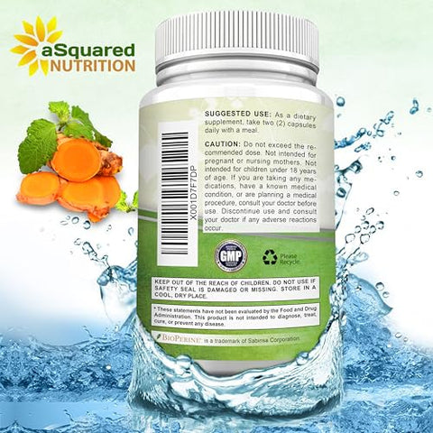 Cúrcuma Curcumina 1600mg com Extrato de Pimenta Preta BioPerine – 180 Cápsulas com 95%% Curcuminoides, 100%% Pó de Raiz de Cúrcuma Natural, Suplementos Naturais para Articulações - aSquared Nutrition
