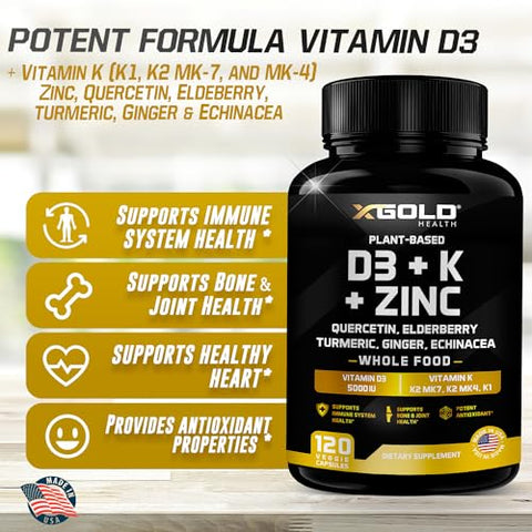 X Gold Health - Vitamina D, K2, K1, Zinco, Quercetina, Sabugueiro, Cúrcuma, Gengibre  – Fórmula Potente para Saúde