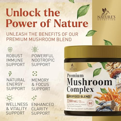 Nature's Nutrition - Pó de Cogumelo Orgânico – Complexo em Pó 11 em 1 de Leão Mane, Cordyceps, Reishi, Chaga, Shiitake, Turkey Tail, Maitake