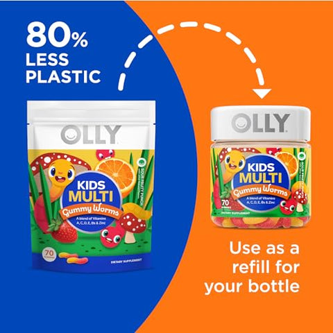 Kids Multivitamin Gummy Worms – Saúde Geral e Suporte Imunológico, Vitaminas e Minerais A, C, D, E, Bs e Zinco, Suplemento Mastigável, Sabor Punch de Frutas Azedas, 45 Dias de Fornecimento – 70g - OLLY