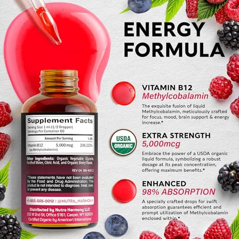 NUTRAHARMONY - Vitamina B12 Sublingual Líquida Vegana – USDA Orgânico 5000 mcg Methylcobalamin – Energia e Foco