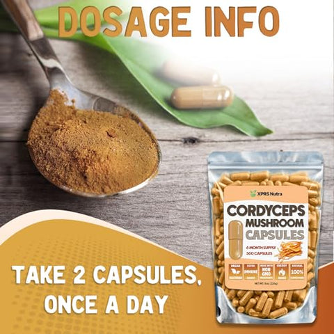 Cápsulas de Pó de Cogumelo Cordyceps – 360 Unidades (Fornecimento de 180 Dias) – Nossas Cápsulas Premium de Cogumelo Cordyceps Contêm Cogumelos Reais (Cordyceps Sinensis) para Apoiar - XPRS Nutra