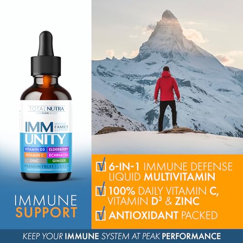 Total Nutra - Total Immune 6-em-1 Suplemento Líquido Multivitamínico | 100%% Diário Zinco, Vitamina D3, Vitamina C Gotas de Imunidade Líquida | Sabugueiro, Equinácea, Gengibre Suporte para Adultos | Marca Total Immune