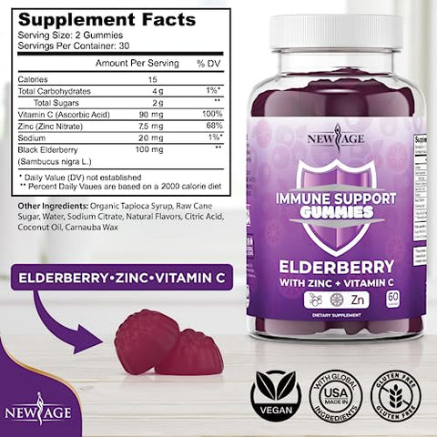 Gummies de Suporte ao Sistema Imunológico NEW AGE – Gummies de Sabugueiro Negro Sambucus com Vitamina C e Zinco (Suporte Imunológico 120 Gummies)