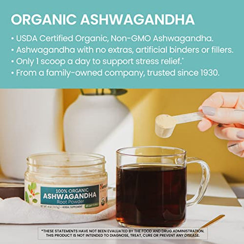 Ashwagandha em Pó 100%% Orgânico Certificado USDA, Suporte para Relaxamento, Alívio do Estresse, Energia, Insônia Ocasional, Não-OGM, Vegano, Sem Sabor, 50g - Himalaya