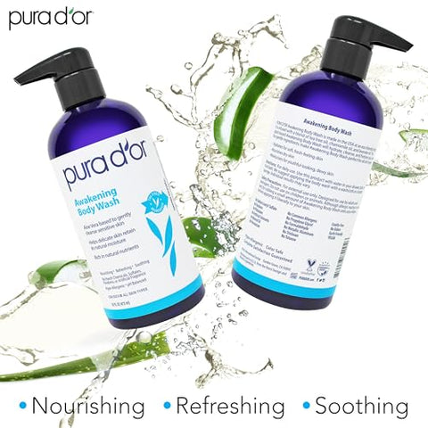 PURA D'OR - PURA D’OR Body Wash Despertar (480ml x3 = 1440ml) Aloe Vera, Camomila, Lavanda, Tea Tree para Fragrância Terrosa Revigorante, pH Balanceado para Pele Hidratada e Macia, Sensação de Frescor, Tudo