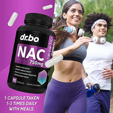 DR. BO - Suplemento NAC Cápsulas de N-Acetil Cisteína – 750mg Cápsula de Vitamina Pura de N-Acetil Cisteína – Fórmula Diária de Suporte ao Fígado para Limpeza Pulmonar, Desintoxicação Renal, Cérebro