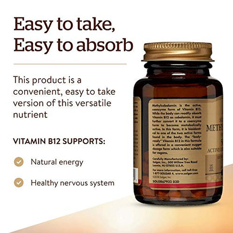 SOLGAR - Solgar Methylcobalamin Vitamina B12 5000 mcg – Suporte Energético, Forma Ativa de B12, Não-OGM, Vegano, Sem Glúten