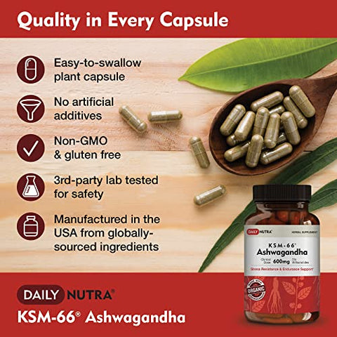 DailyNutra - KSM-66 Ashwagandha 600mg Extrato de Raiz Orgânica – Suplemento de Alta Potência com 5%% Withanolides | Suporta Relaxamento, Foco | Marca KSM-66