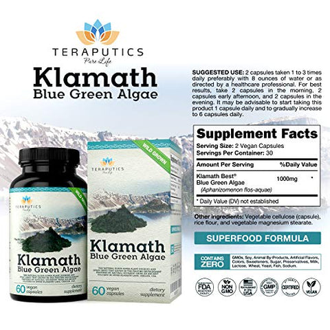 Teraputics - Premium Alga Azul do Lago Klamath – Mais Poderosa que Suplementos de Spirulina e Chlorella | SuperAlimento Puro Rico em Clorofila, Fonte Orgânica do Lago Klamath, 500mg, 60 cápsulas