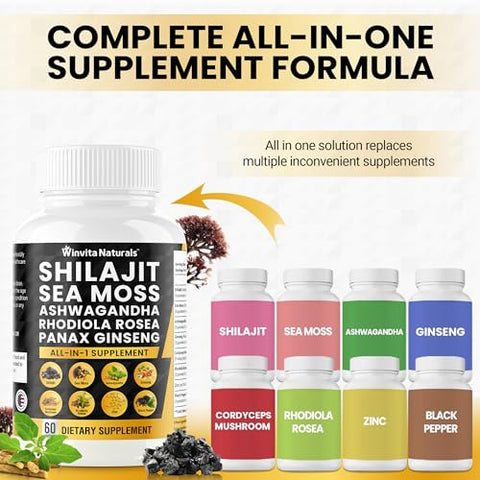 Winvita Naturals - Shilajit Puro Himalaia Orgânico 10.000mg Sea Moss 6000mg Ashwagandha 3000mg Panax Ginseng 3000mg Cordyceps Rhodiola Rosea 1000mg Zinco, Ácido Fúlvico