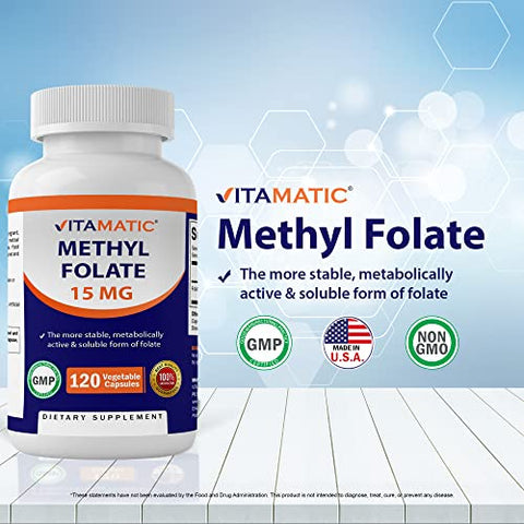 Methyl Folate 15mg – 120 Cápsulas Vegetais – Alta Potência Otimizada e Ativada – Folate Metabolicamente Ativo - Vitamatic