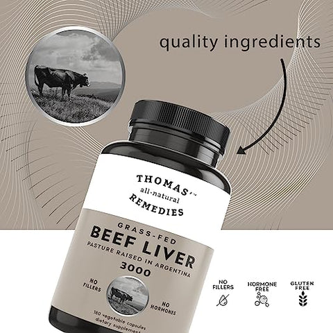 Thomas' all-natural Remedies - Thomas’ Remédios Naturais: Cápsulas de Fígado Bovino Desidratado, 3000mg para Energia, Imunidade e Suporte Hepático, Criados em Pasto na Argentina, Livres de Transgênicos