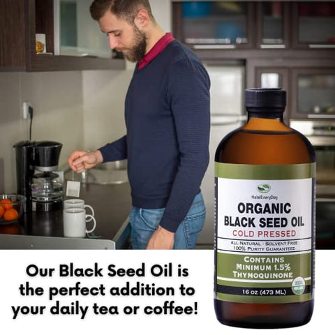 Óleo de Semente Preta Orgânico HalalEveryDay – Certificado pelo USDA, Extraído a Frio em Frasco de Vidro 473ml – Mais de 1,5%% de Timoquinona, Cominho Preto Turco Nigella Sativa não-OGM, 100%% Puro Óleo de Semente Preta