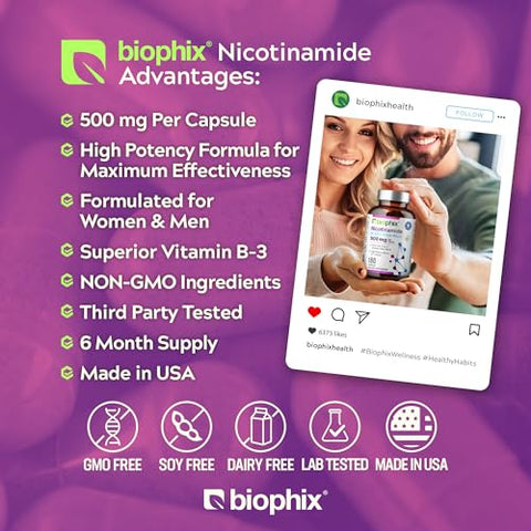 B-3 Nicotinamida 500 mg 180 Cápsulas – Fórmula de Vitamina Niacina Natural Flush-Free Nicotínica Amida – Suporta a Saúde das Células da Pele - biophix