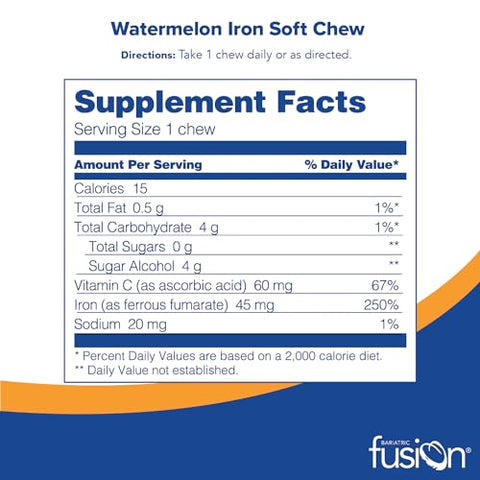 Iron Soft Chew com Vitamina C | Sabor Melancia | Vitamina Mastigável para Pacientes Bariátricos | Sem Glúten | Suplemento de Ferro para Mulheres e Homens | 60 Unidades | 200g - Bariatric Fusion