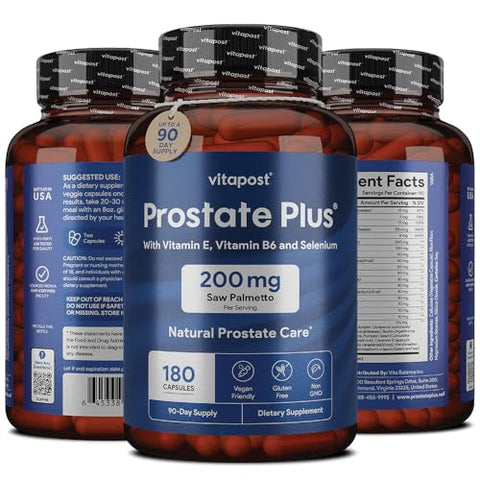 VitaPost - Prostate Plus – Cuidado Natural da Próstata e Saúde Urinária para Homens com Saw Palmetto, Vitamina B6, Vitamina E, Selênio e Zinco. 180 Cápsulas