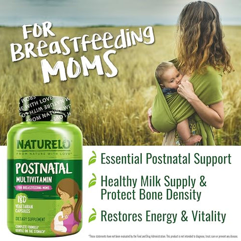 Postnatal Multivitamínico – Vitamina D à base de plantas, Ácido Fólico, Ferro Suave – Suporte pós-natal para lactação – Mãe que amamenta, Bebê – 180 cápsulas - NATURELO