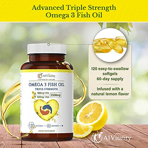 A1Vitality - Ômega 3 Triplo Forte EPA DHA – 2500mg Óleo de Peixe com Sabor de Limão, Livre de Arrotos – Alta Potência 900mg EPA 600mg DHA Suporta Circulação, Cérebro, Coração, Olhos, Pele e Ossos