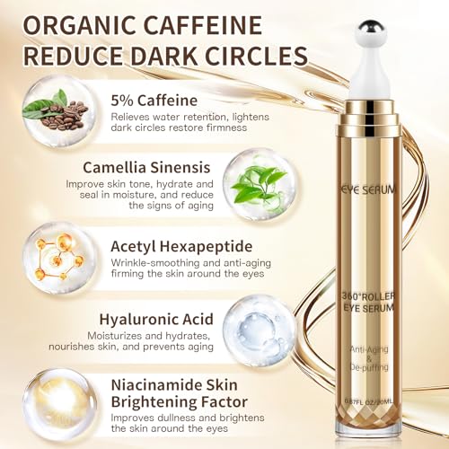MUOCOBU - Sérum para os olhos com cafeína 5%, 20ml, creme para olheiras e inchaço, cuidados com os olhos, anti-idade com bola de massagem 360°, reduz bolsas, rugas e linhas finas