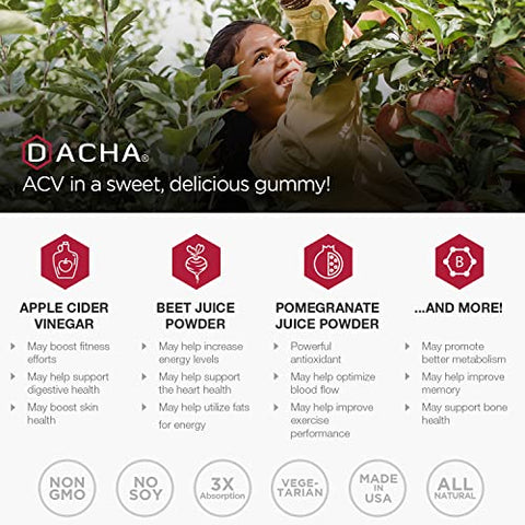 DACHA - Gomas de Vinagre de Maçã Premium – 80 Unidades, 1000mg Cru, Orgânico, Não Filtrado ACV da Mãe, Não Pegajoso, Imunidade, Desintoxicação, Fitness