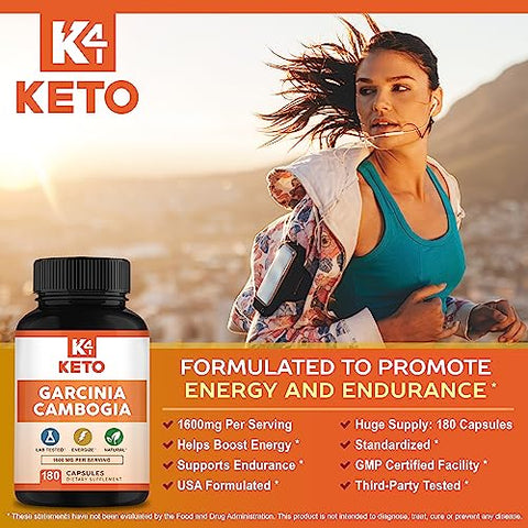 K4 Keto - Garcinia Cambogia 1600 mg (180 Cápsulas) – Extrato Puro Natural – Suplemento em Cápsulas Padronizado como Alternativa a Gotas, Gomas, Líquido e Chá – Garcinia Cambogia 1600 mg – Primeiro a Marca do Produto