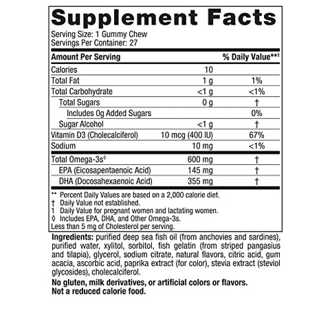 Gomas Vitaminas Pré-Natais DHA Zero Açúcar, Sabor Morango Laranja – 27 Gomas – Suplementos para Gravidez – 600 mg Ômega-3 Óleo de Peixe e 400 UI Vitamina D3 - Nordic Naturals