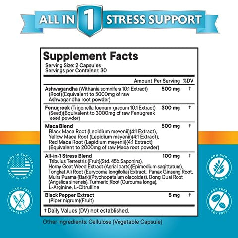 Suplemento NEW AGE Ashwagandha 5000mg Maca Root 5000mg Fenugreek 3000mg com Tongkat Ali Ginseng – Melhora o Humor Geral – Fabricado nos EUA – 120 Comprimidos