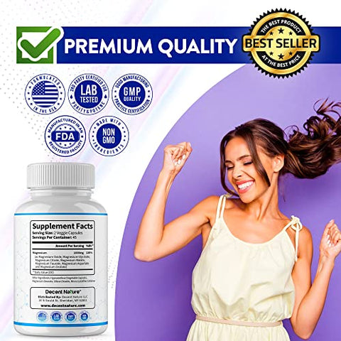 DECENT NATURE - Magnésio Complexo 7 Suplemento de Magnésio Elemental 1000mg – Glicinato, Citrato, Malato, Taurato, Óxido, Aspartato, Orotato Não-OGM 90 Cápsulas