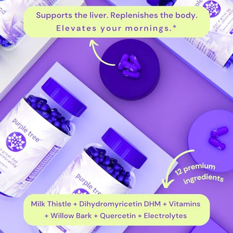 purple tree - Vitaminas pós-celebração da árvore roxa | Suporte ao fígado, repositor corporal, hidratação rápida | DHM, Cardo Mariano, Eletrólitos, Vitamina B, Casca de Salgueiro