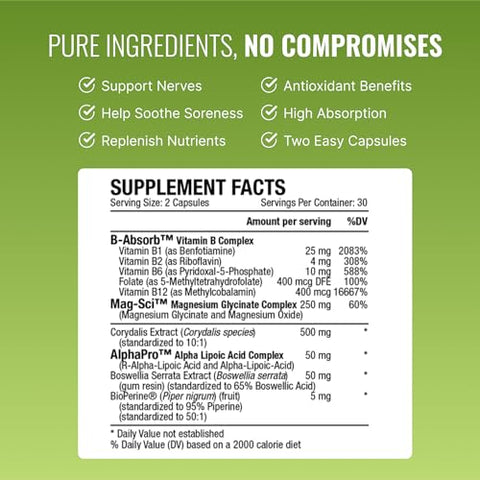 Nervprin – Suporte para Nervos – Benfotiamina, B12, Ácido R-Alpha-Lipoico, Corydalis, Boswellia, BioPerine – 60 Cápsulas – Fabricado nos EUA - Approved Science