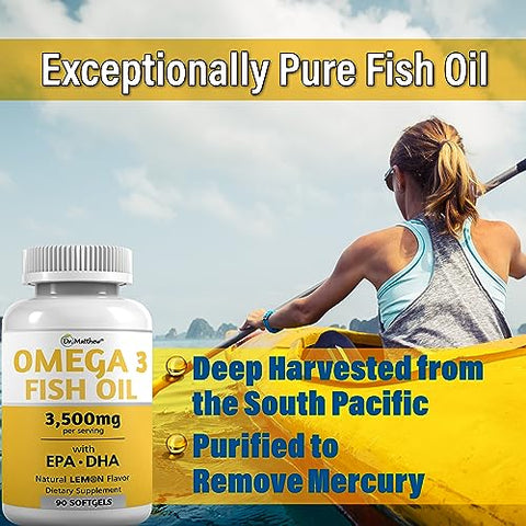 Dr. Matthew - Suplemento Ômega 3 de Óleo de Peixe sem Sabor 3000mg EPA DHA para Mulheres – Alta Concentração de Ácidos Graxos Ômega 3 – Marca Burpless