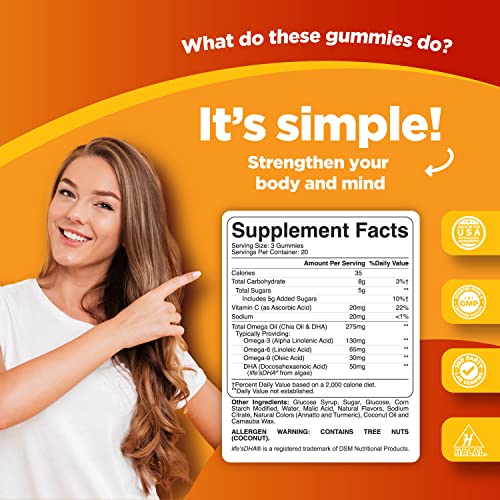 Phytoral - DHA Omega 3 Gummies para Adultos – Suplemento Vegetariano de Ômega 3 Delicioso e Natural com Vitaminas em Goma à Base de Semente de Chia – Suplemento de Ômega 3 EPA DHA à Base de Plantas com Ômega 3 6 9 – Marca: DHA Omega 3 Gummies