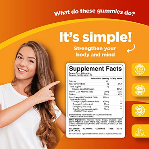 Phytoral - DHA Omega 3 Gummies para Adultos – Suplemento Vegetariano de Ômega 3 Delicioso e Natural com Vitaminas em Goma à Base de Semente de Chia – Suplemento de Ômega 3 EPA DHA à Base de Plantas com Ômega 3 6 9 – Marca: DHA Omega 3 Gummies