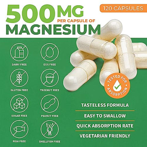 Magnesium Complex 500mg – Cápsulas de Magnésio 500mg – Suplemento de Magnésio 500mg – Para Dormir, Para Constipação – Suplemento de Magnésio para Mulheres - ForestLeaf