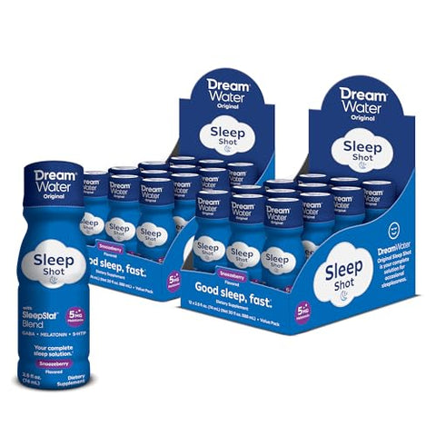 Bebida para Dormir com Melatonina 5mg, GABA, 5-HTP; Zero açúcar, Sabores Naturais, Sem corantes adicionados, 75ml shots líquidos para dormir, Snoozeberry, 24 unidades - Dream Water
