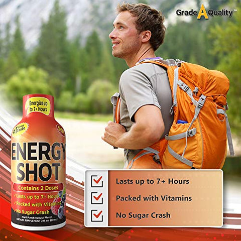 Grade A Quality - Vitamin Energy Shots Sabor Frutas Vermelhas, Até 7 Horas de Energia, 57 ml, 48 Unidades