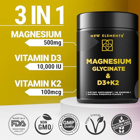 New Elements - Calm Gummies de Magnésio Glicinato 500mg com Vitamina D3 10000 UI e Vitamina K2 100mg – Relaxamento Saudável para Adultos, Vegano, Não-OGM