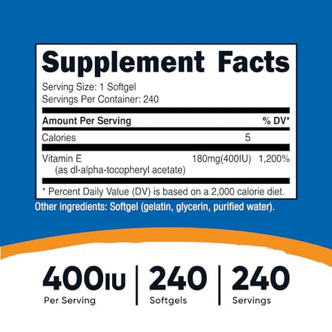Vitamina E 400 UI, 240 Cápsulas Softgel – Livre de Glúten, Não-OGM - Nutricost