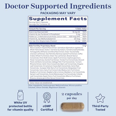 Pink Stork - Blue Stork Fertility Supplements for Men – Suporte à Concepção Masculina – Vitaminas Pré-Natais Masculinas com Raiz de Maca, Ashwagandha, Folate, B12 – Saúde do Esperma, Potência, Motilidade – 60 cápsulas