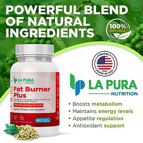 Fat Burner Plus – Cápsulas de Emagrecimento, Supressor de Apetite, Estimulante de Energia – Fórmula Premium com Chá Verde - LaPura