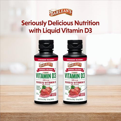 Barlean's - Barlean’s Pack 2 Vitamina D Líquida para Crianças e Adultos 5000 IU D3, Sabor Morango Milkshake Sem Açúcar, 160g Cada
